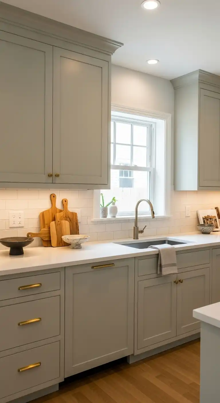15) Sage green cabinets combined with cream countertops and backsplash