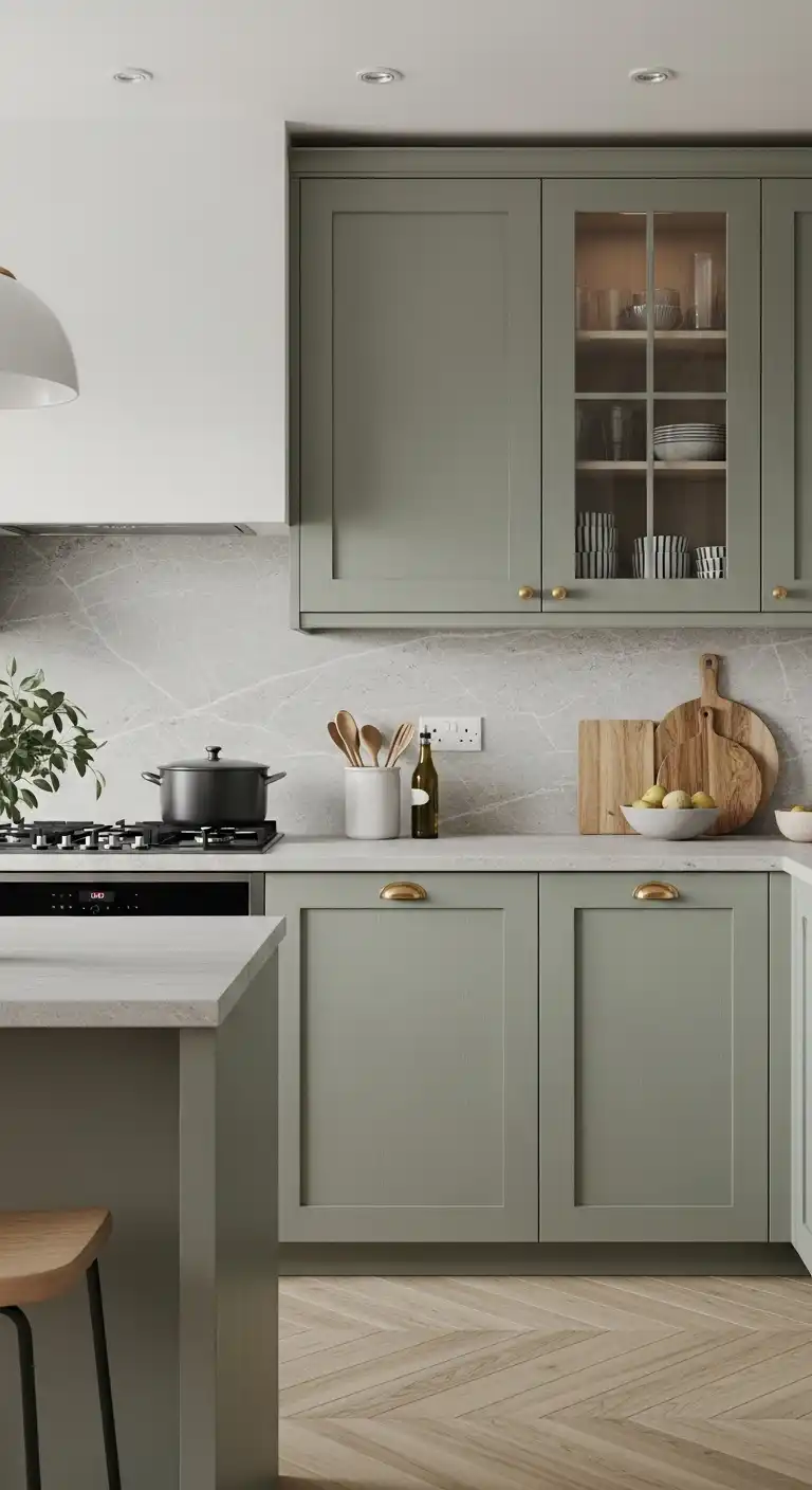 16) Sage green kitchen paired with light grey stone countertops