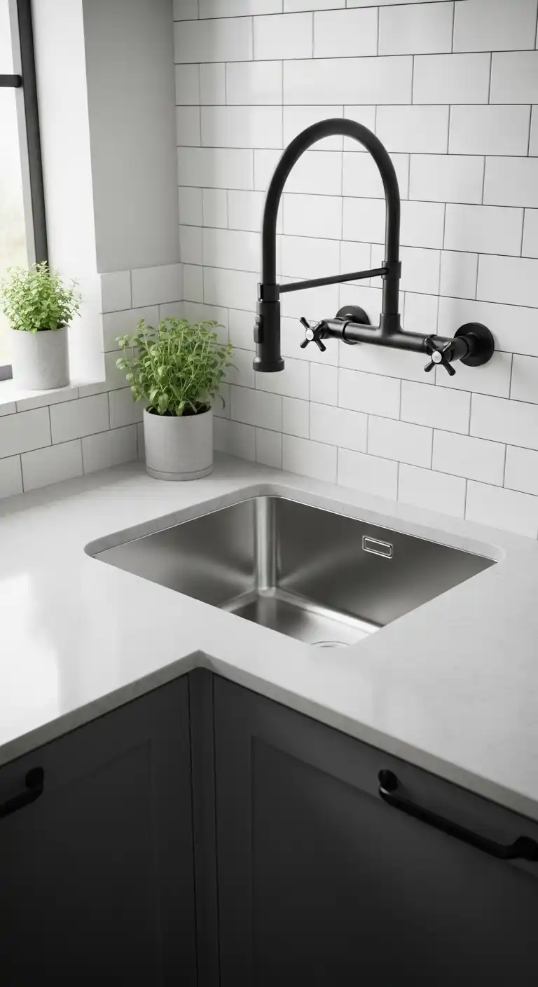 Corner Kitchen Sink Ideas You’ll Love: 21 Inspiring Designs 17 16. Corner Sink with Wall-Mounted Faucet