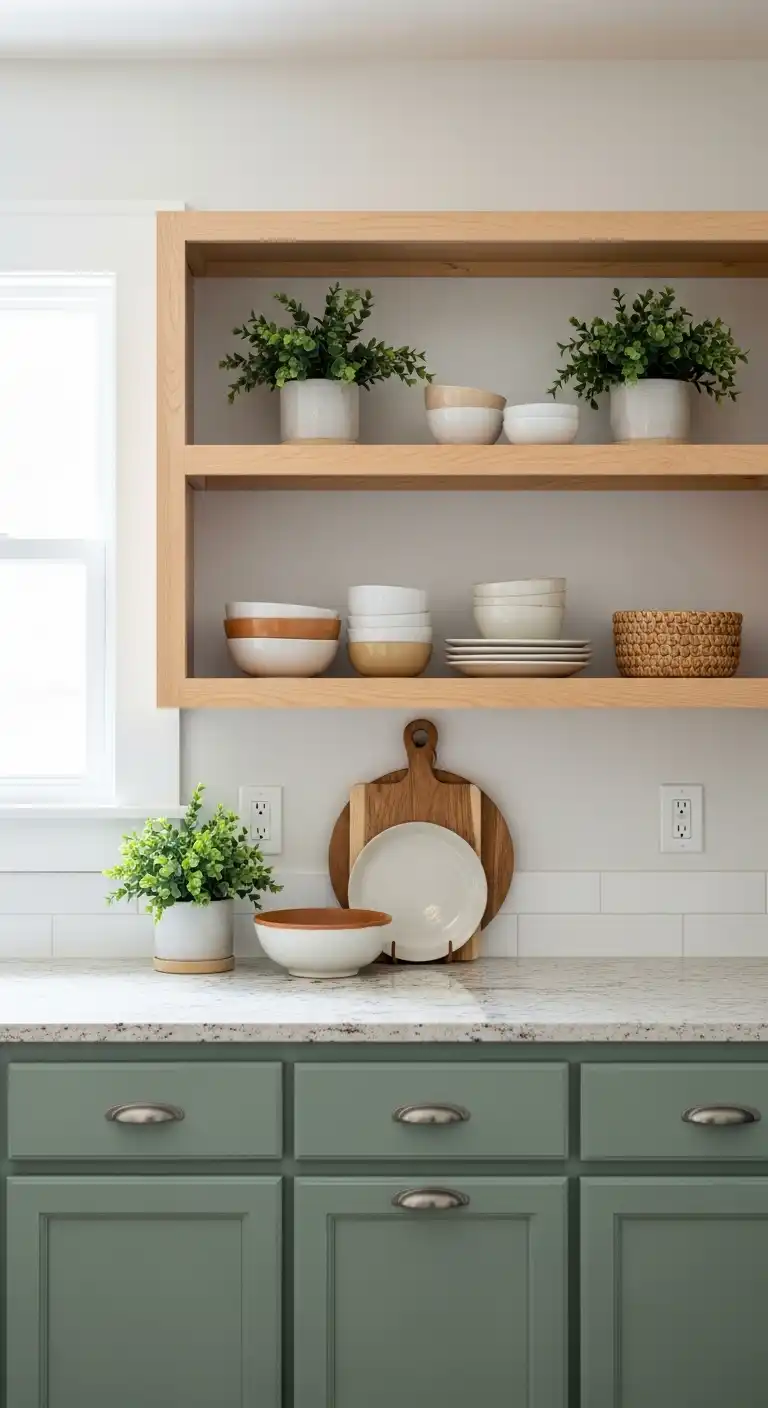 17) Sage green cabinets with open shelving featuring natural decor