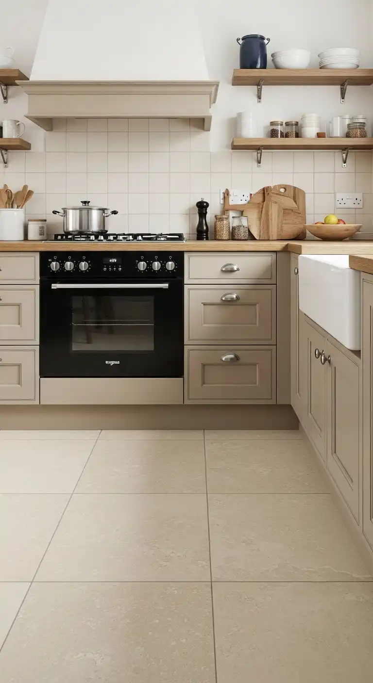 17) Use beige-toned ceramic floor tiles