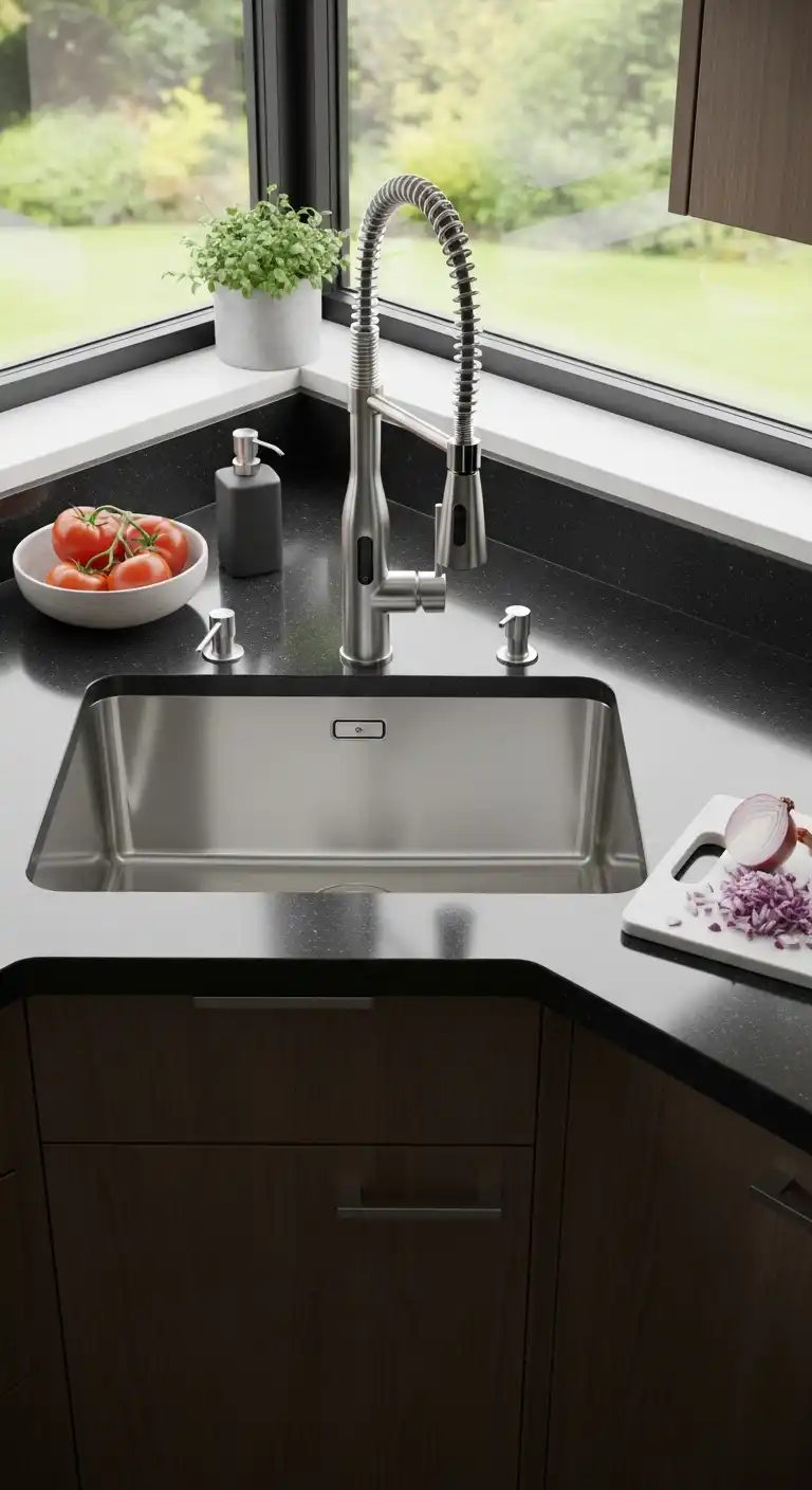 Corner Kitchen Sink Ideas You’ll Love: 21 Inspiring Designs 18 17. Corner Sink with Sensor-Activated Faucet