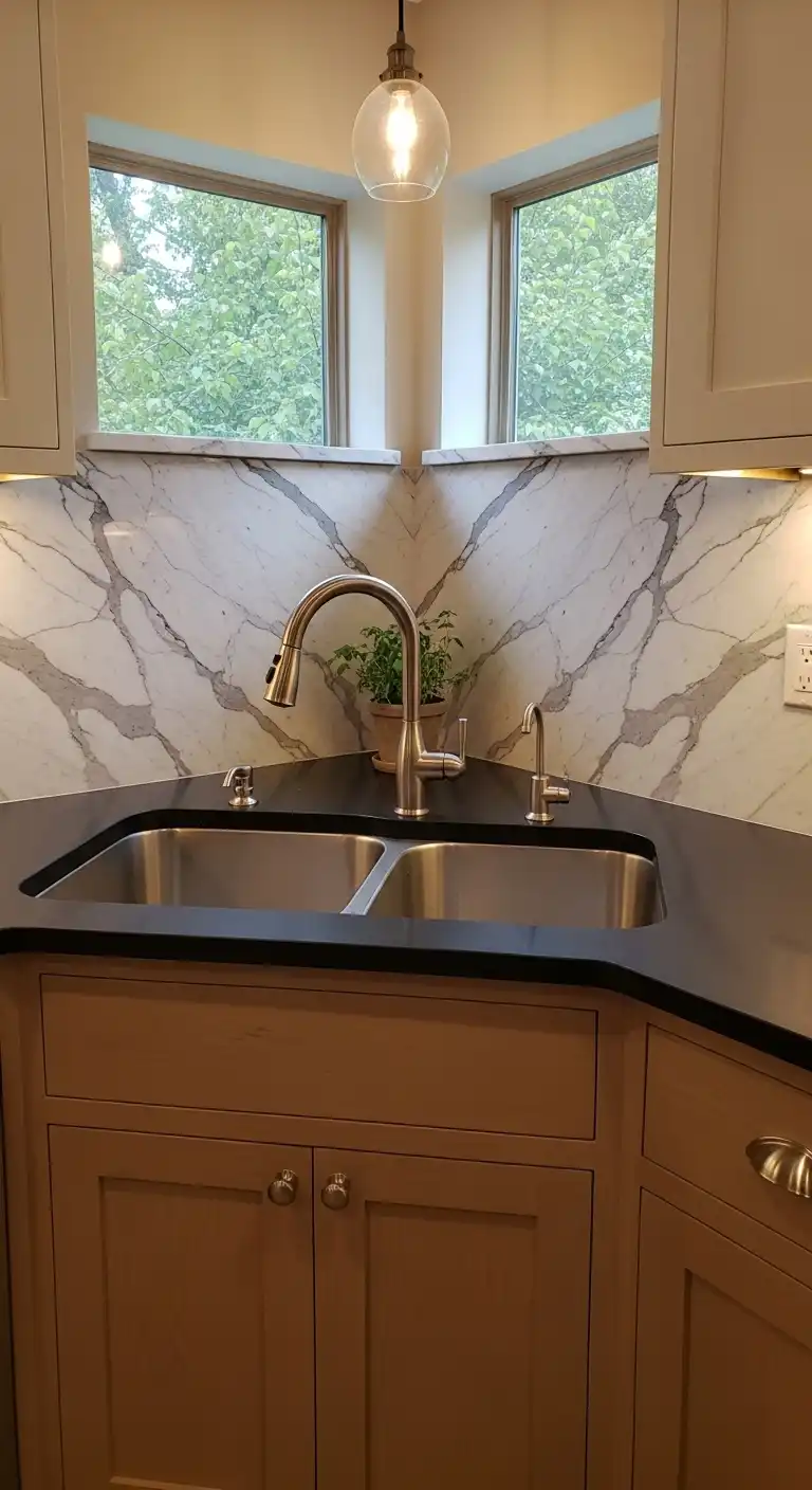 Corner Kitchen Sink Ideas You’ll Love: 21 Inspiring Designs 19 18. Corner Sink with Marble Backsplash