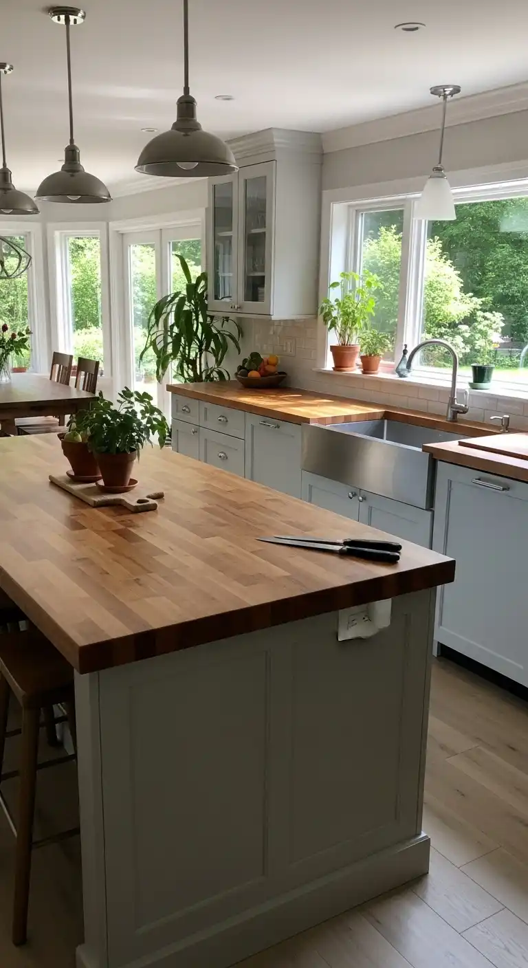 2) Incorporate butcher block countertops for warmth and durability