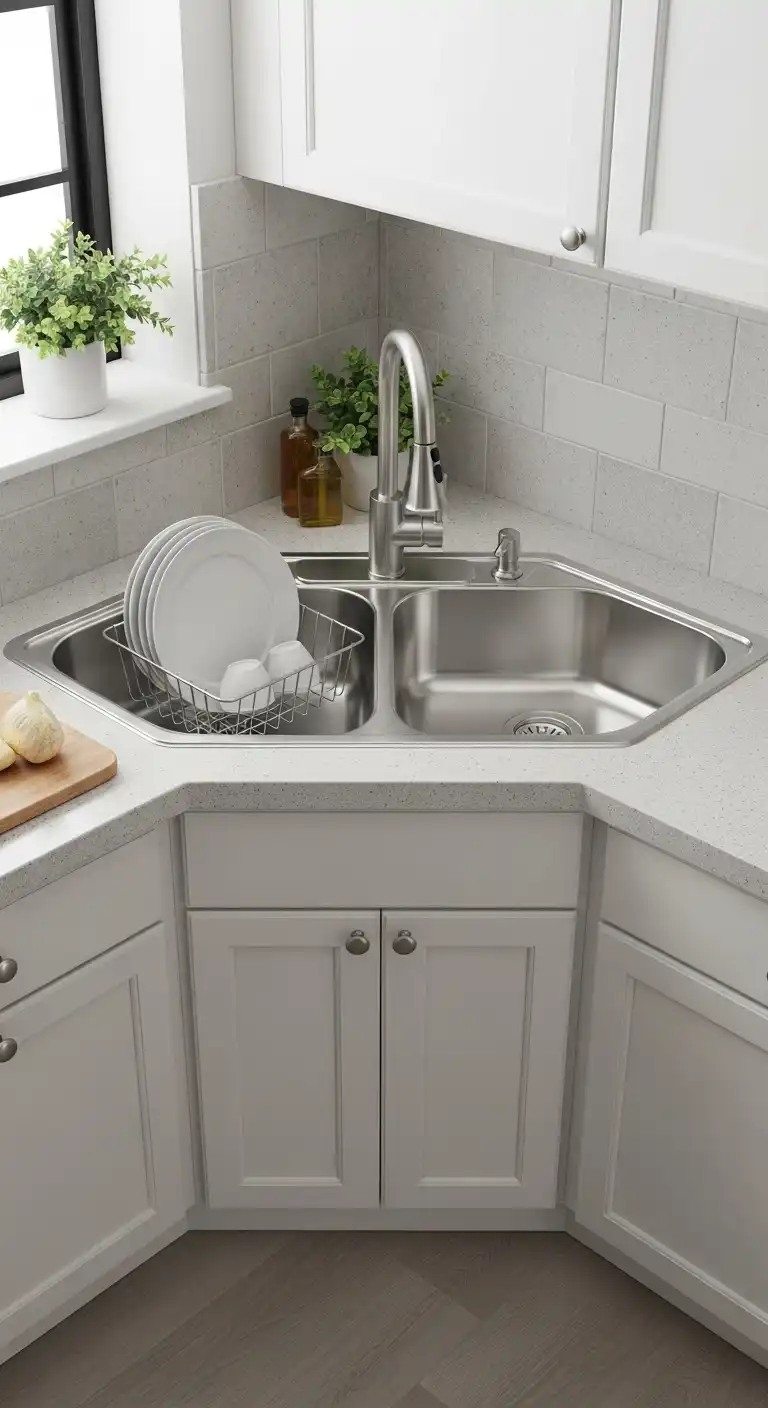 2. Double-Basin Stainless Steel Corner Sink