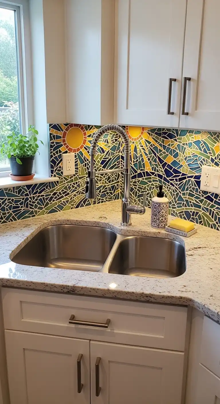 Corner Kitchen Sink Ideas You’ll Love: 21 Inspiring Designs 21 20. Corner Sink with Mosaic Tile Backsplash