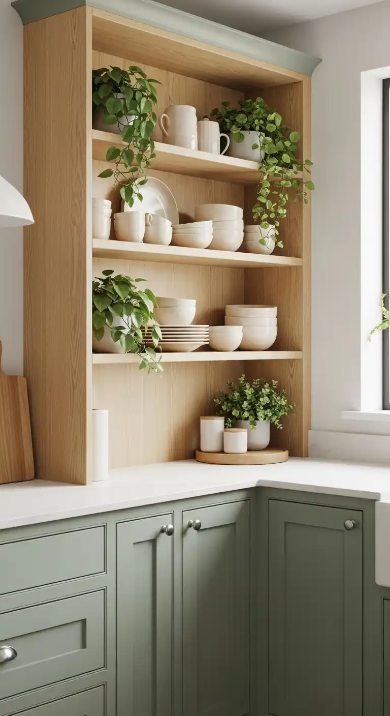 3) Matte sage green cabinets combined with open wood shelving