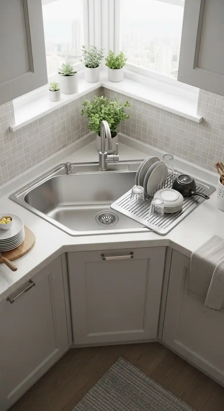 Corner Kitchen Sink Ideas You’ll Love: 21 Inspiring Designs 4 3. Simple Corner Sink with Drainboard
