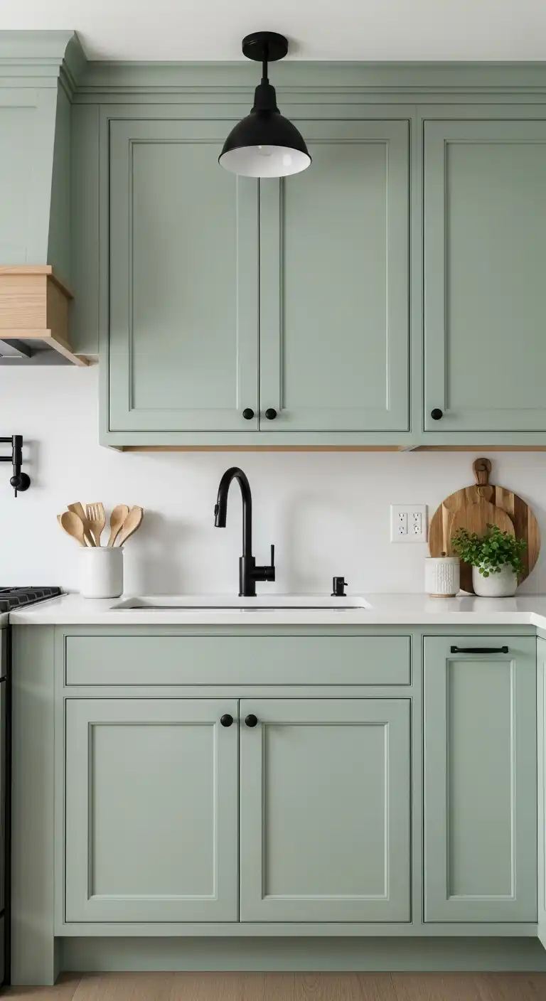 4) Sage green shaker cabinets accented by black matte fixtures