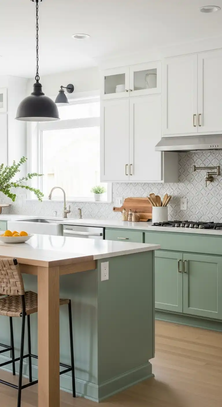 5) Two-tone kitchen with sage green lower cabinets and white uppers