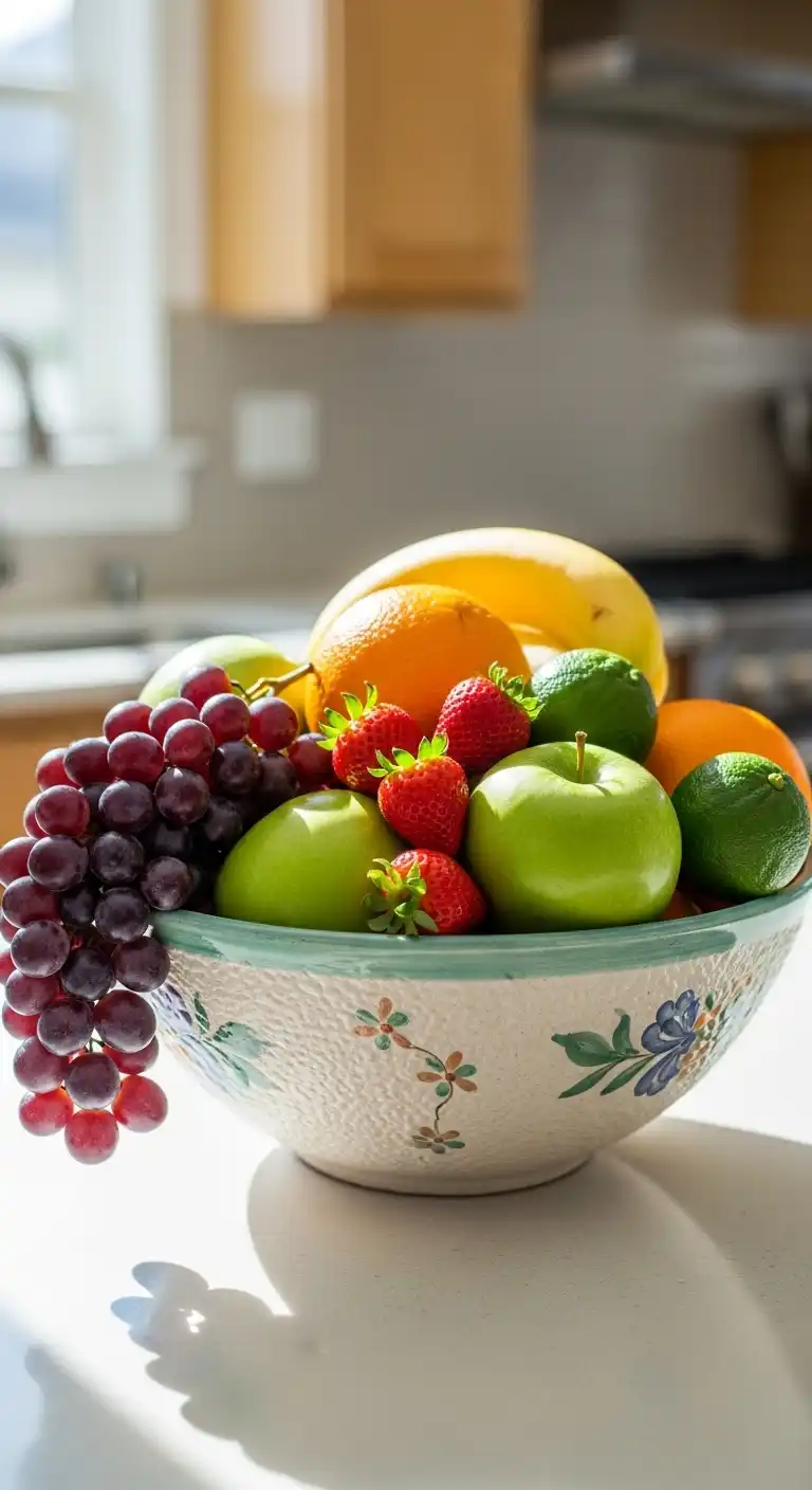 6) Add a decorative bowl with fresh fruit for color