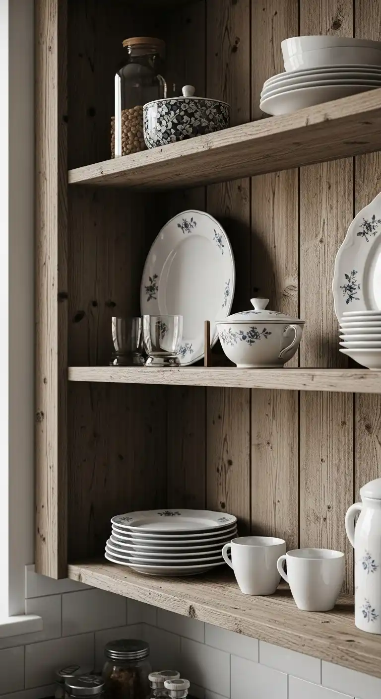 6) Distressed wooden open shelving