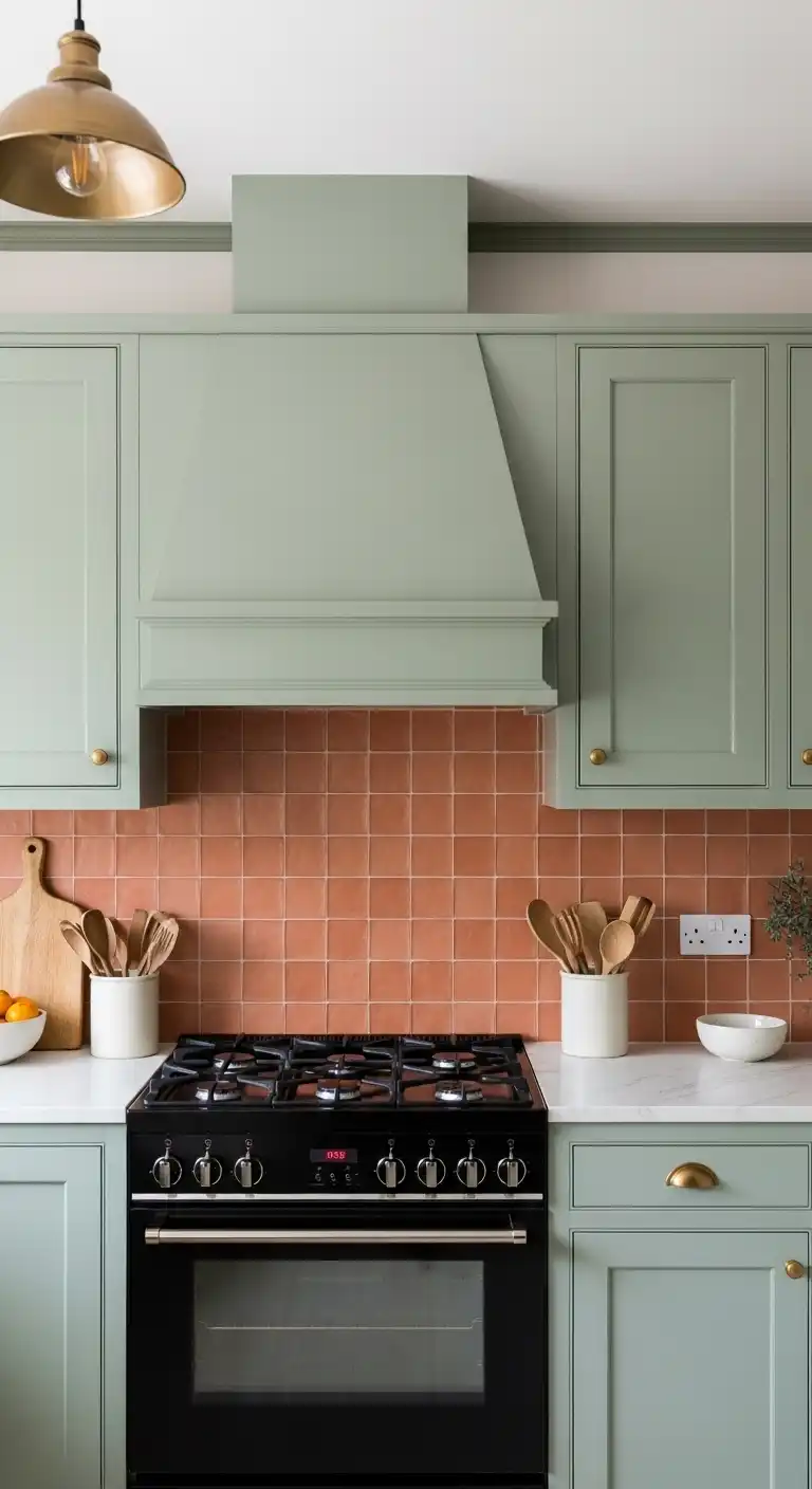 6) Sage green kitchen walls with terracotta-colored backsplash