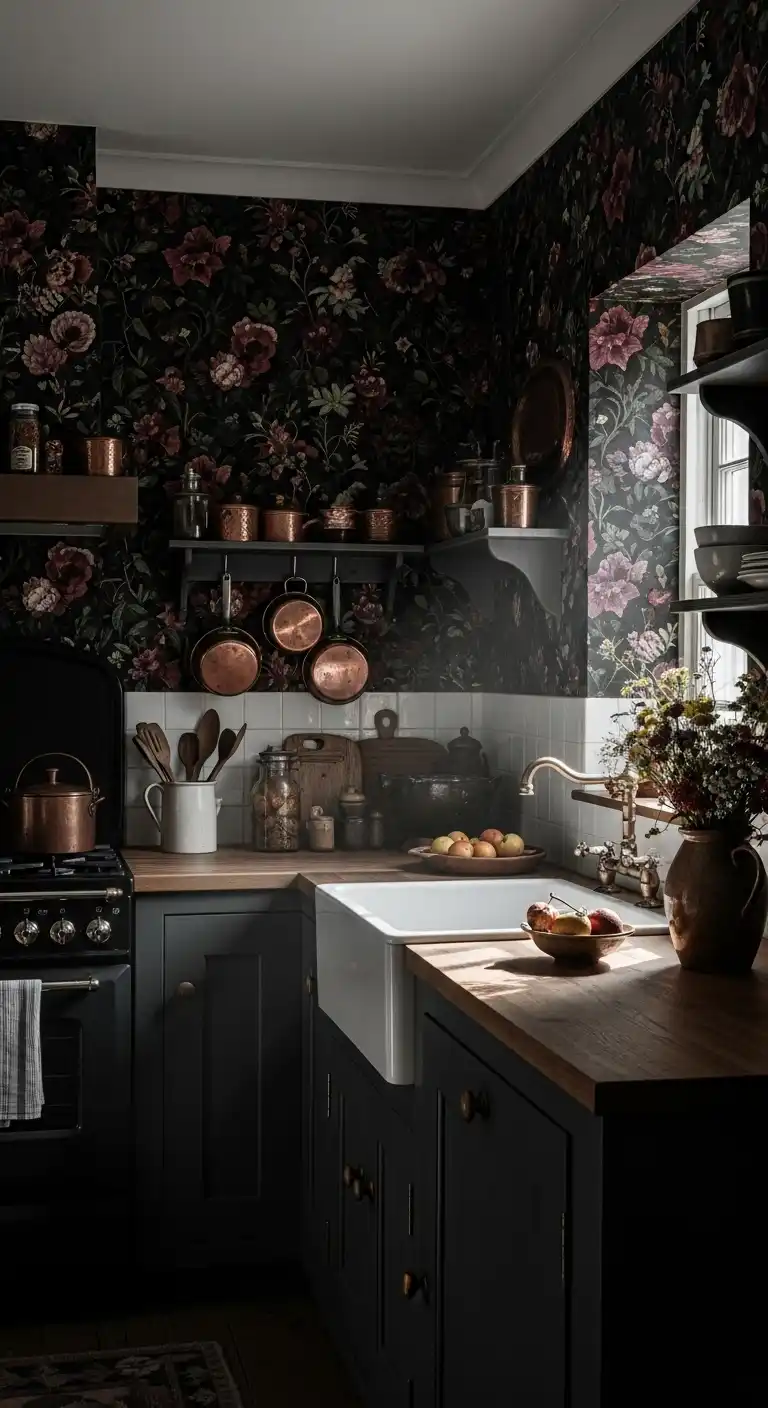 6) Vintage floral wallpaper accents