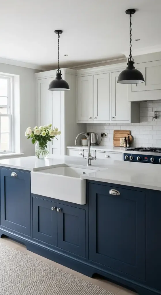 17 Kitchen Island Ideas With Sink for Modern and Functional Spaces 8 7) Bold navy blue island with a white ceramic sink