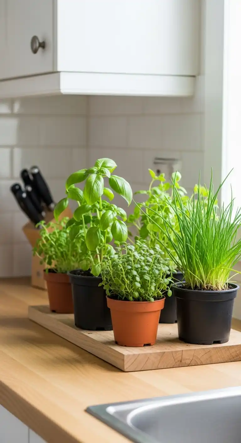 7) Include a small potted herb garden on the counter