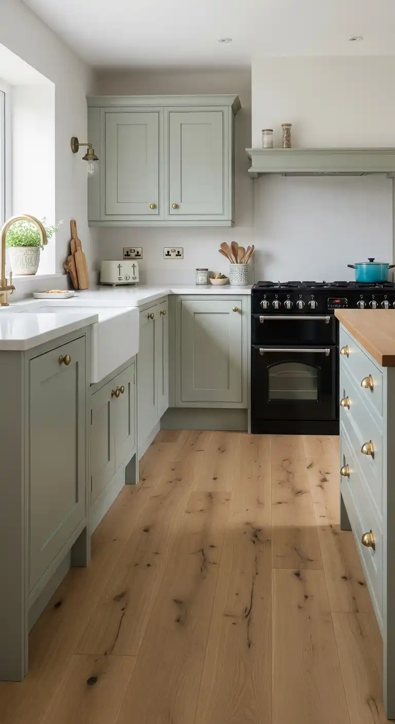 7) Sage green kitchen paired with natural oak flooring