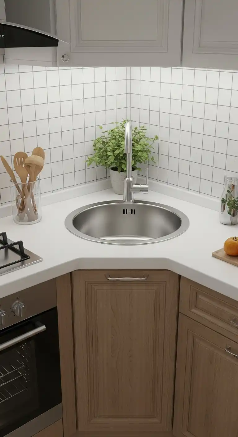 Corner Kitchen Sink Ideas You’ll Love: 21 Inspiring Designs 8 7. Round Basin Corner Sink Near Stove
