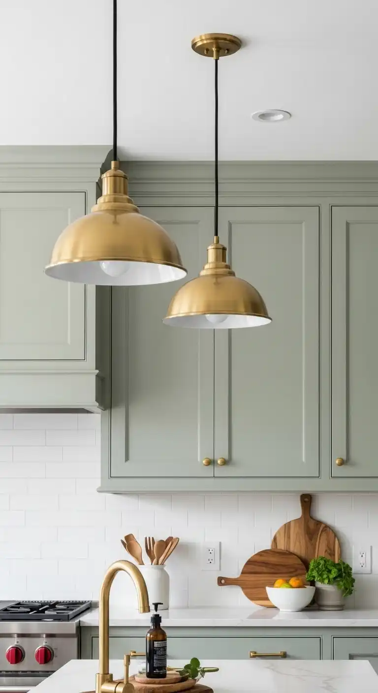 8) Sage green cabinets with brass pendant lighting