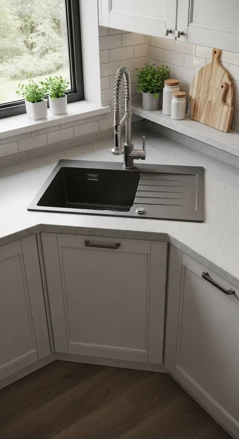 Corner Kitchen Sink Ideas You’ll Love: 21 Inspiring Designs 9 8. Modern Corner Sink with Drainboard