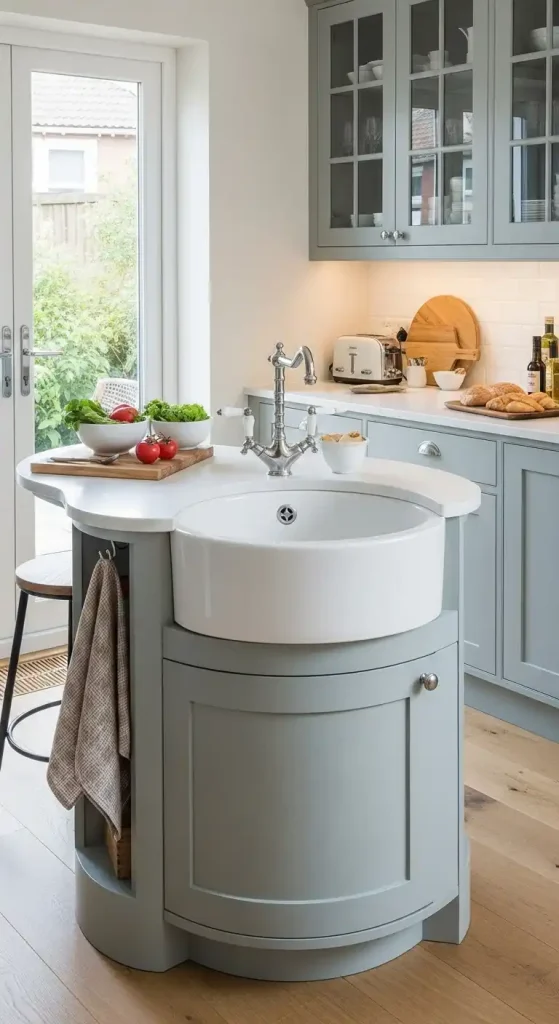 17 Kitchen Island Ideas With Sink for Modern and Functional Spaces 10 9) Compact island with a round porcelain sink for small kitchens