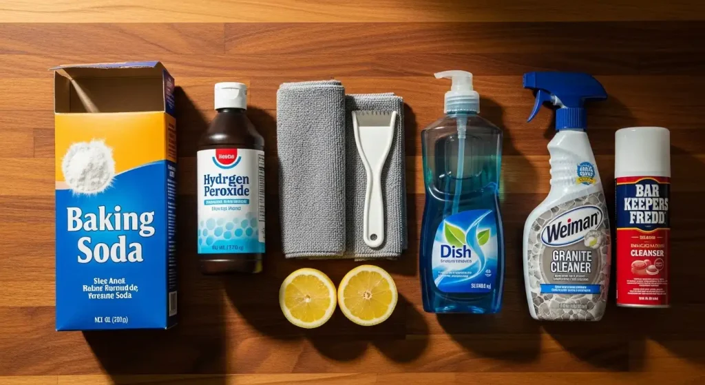 Flat lay of a countertop cleaning kit