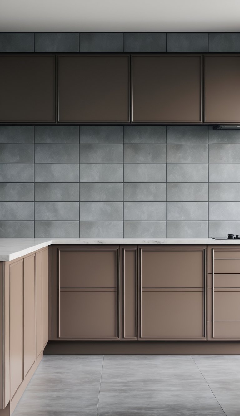 Kitchen Backsplash Ideas With Brown Cabinets: 17 Stylish Options 3 A kitchen backsplash with grey porcelain tiles and brown cabinets underneath.