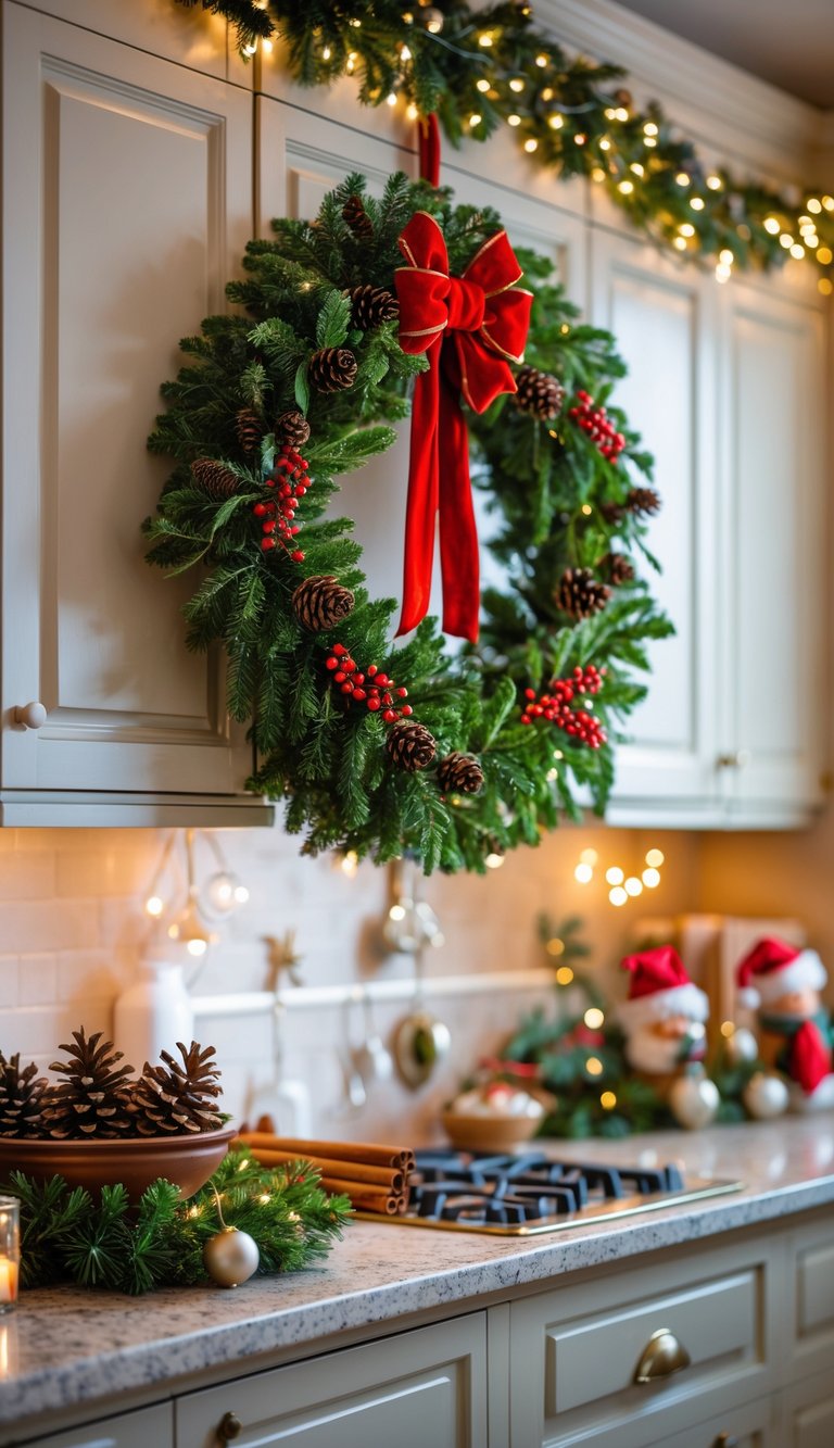 A Christmas wreath hanging on kitchen cabinets with festive decorations and warm lighting.