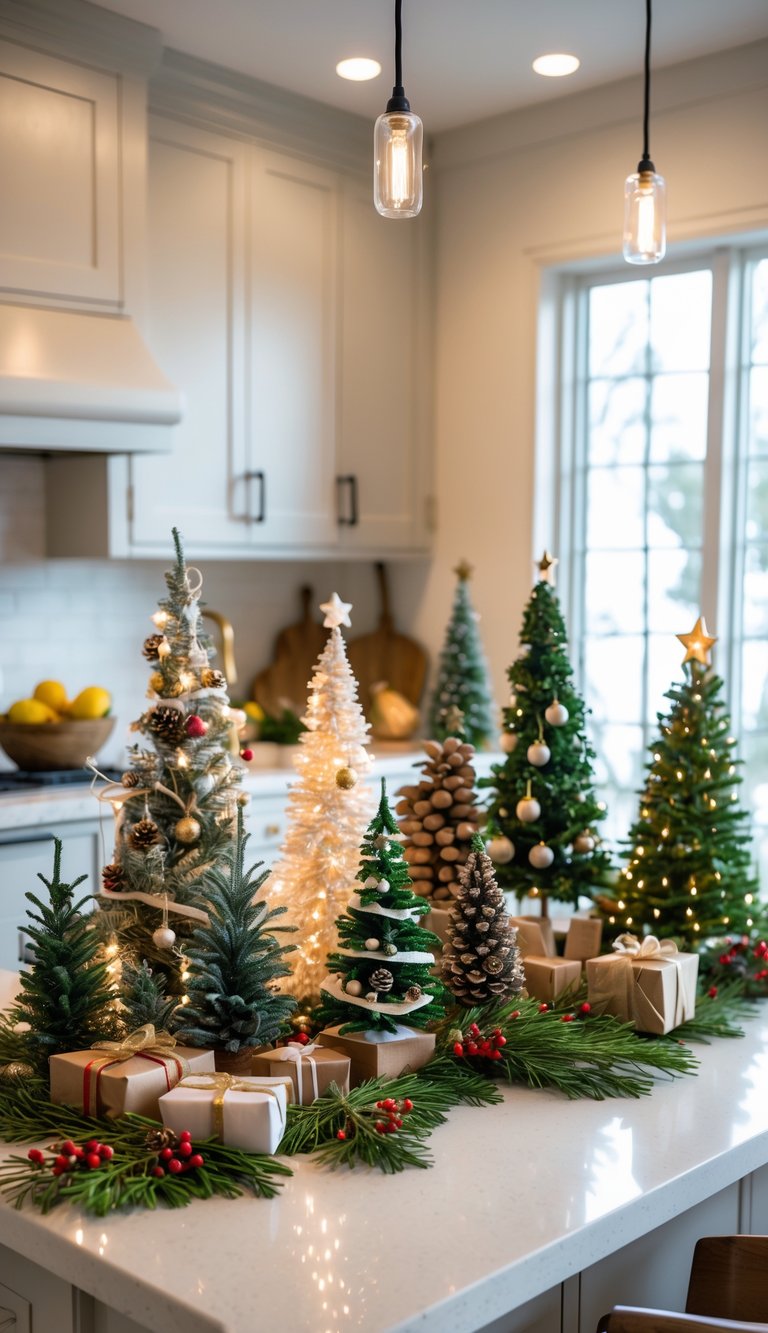 Kitchen countertop decorated with several small Christmas trees and festive holiday decorations.