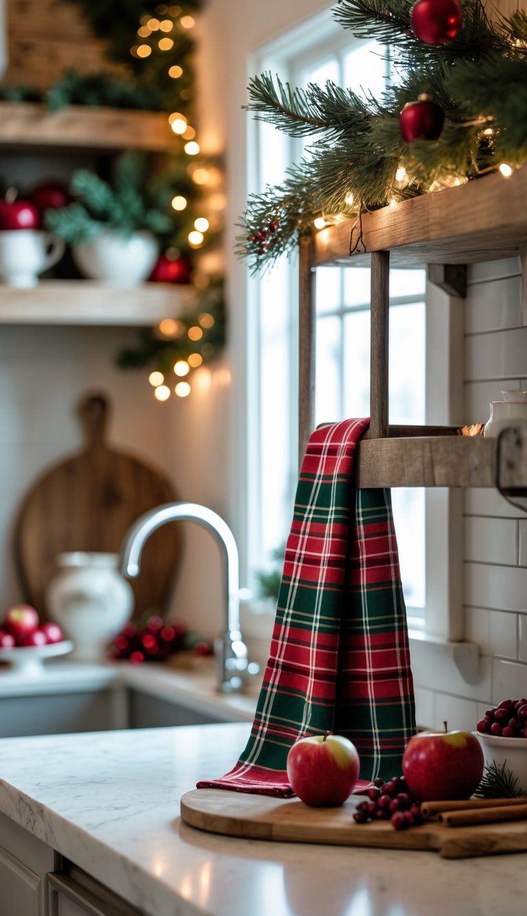 A kitchen scene with red and green plaid towels, Christmas decorations, and festive items on a countertop.