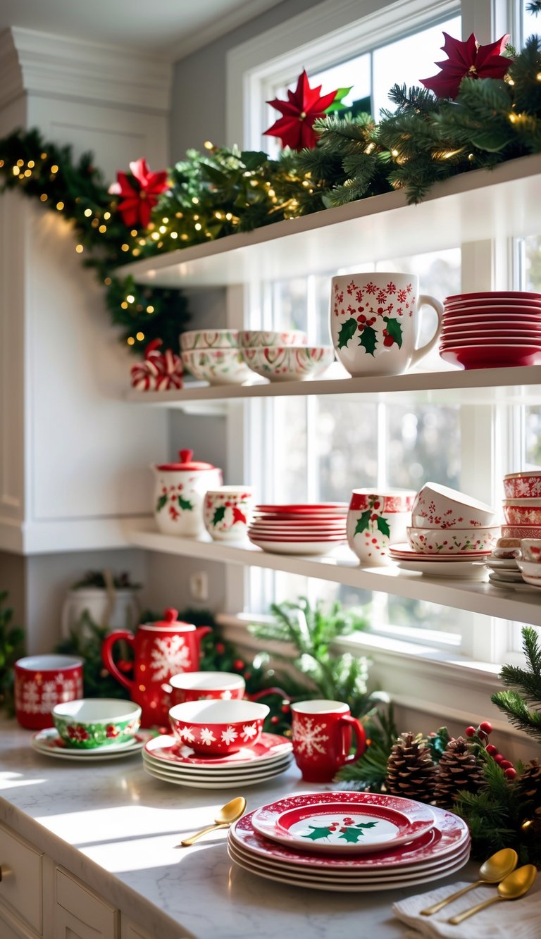 A kitchen decorated for Christmas with holiday-themed plates, bowls, and mugs displayed on shelves and countertops, surrounded by festive decorations.