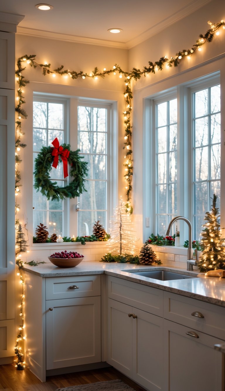 A kitchen with warm white fairy lights around windows and Christmas decorations on the countertops.