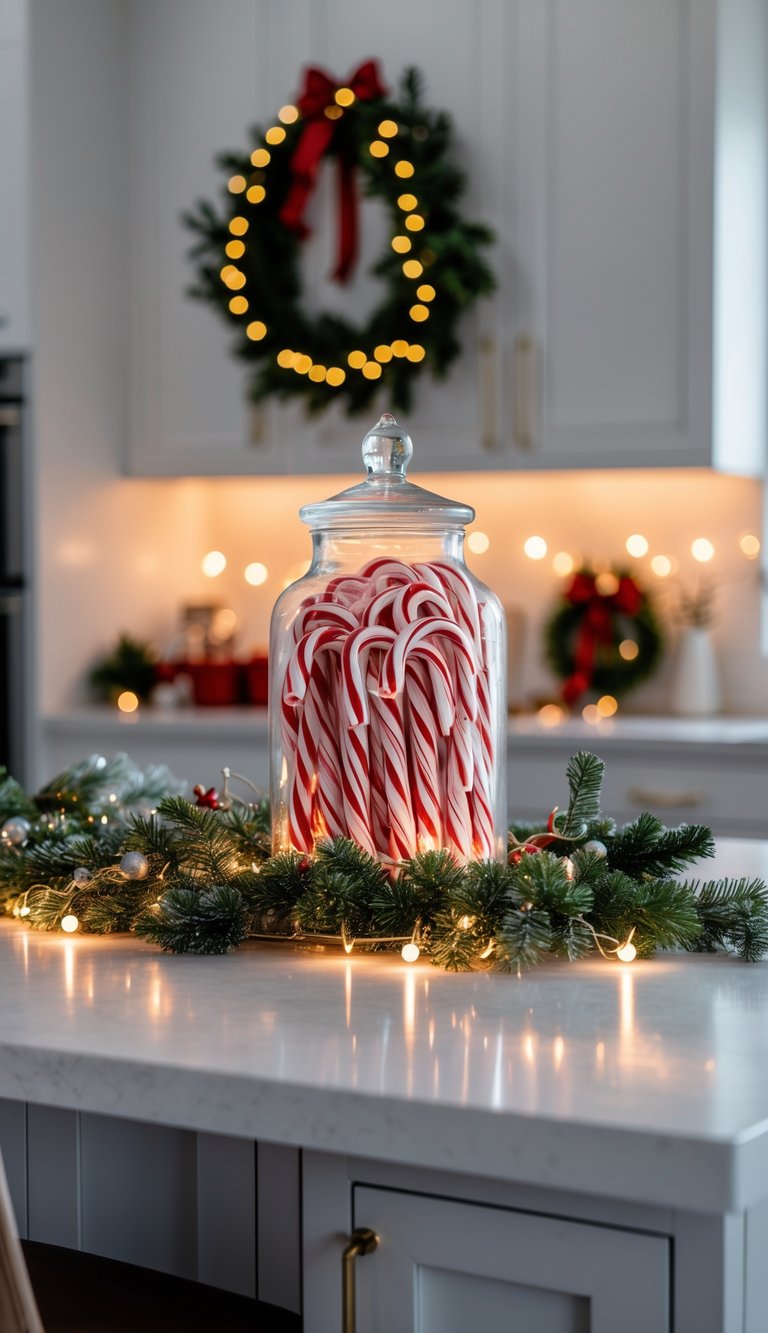 A kitchen island with a glass jar filled with candy canes surrounded by Christmas decorations.