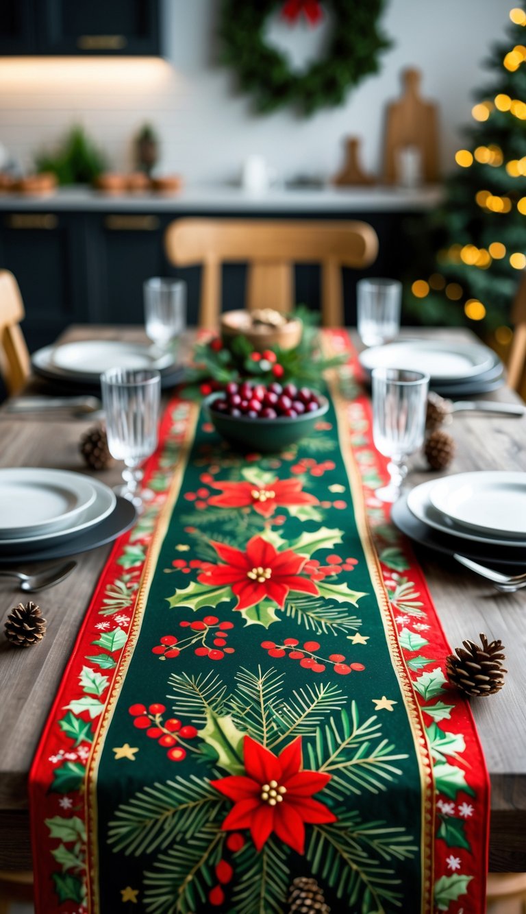 A kitchen table decorated with a Christmas-themed table runner and festive holiday decorations.