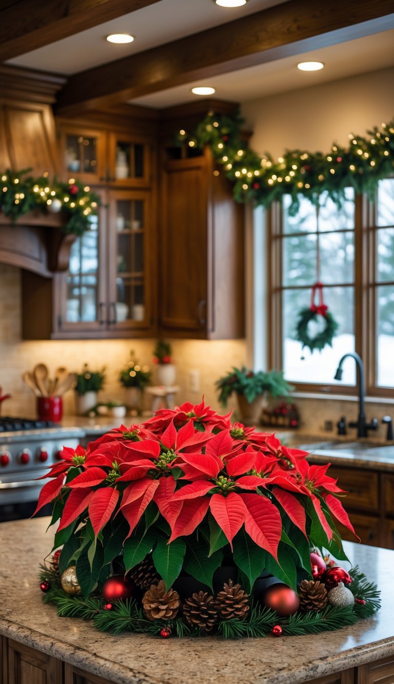 A kitchen decorated for Christmas with red poinsettia plants as the centerpiece on the island and festive holiday decorations around.