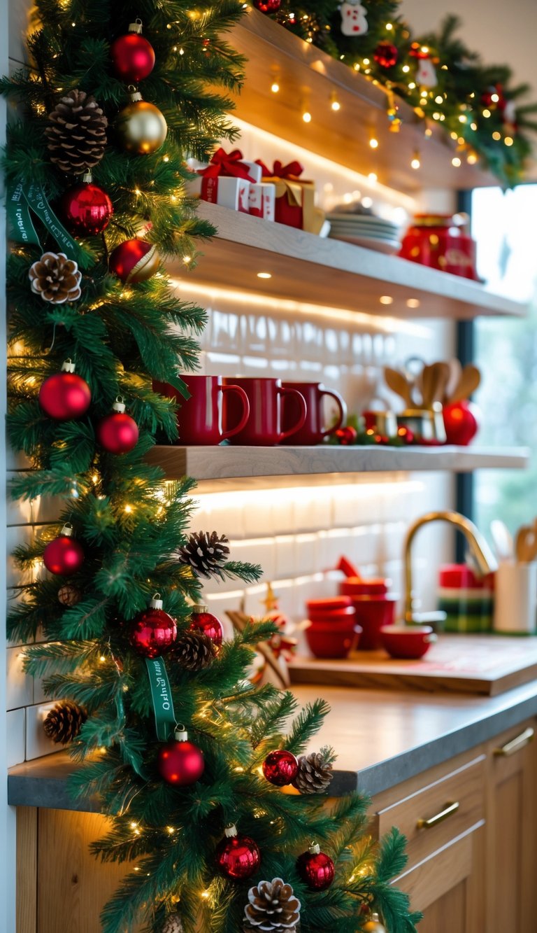 A kitchen shelf decorated with a green garland and red and gold Christmas ornaments.
