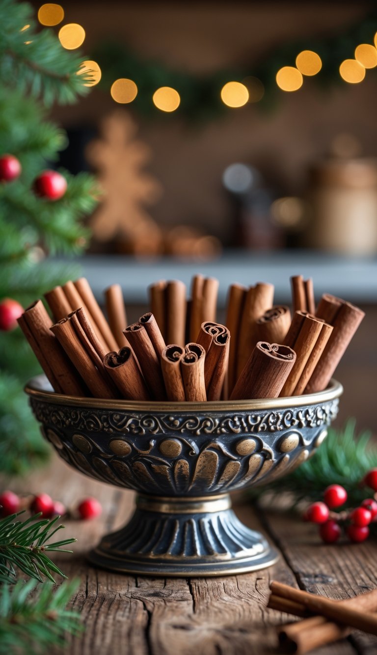 Cinnamon sticks arranged in a decorative bowl on a wooden kitchen table with Christmas decorations in the background.
