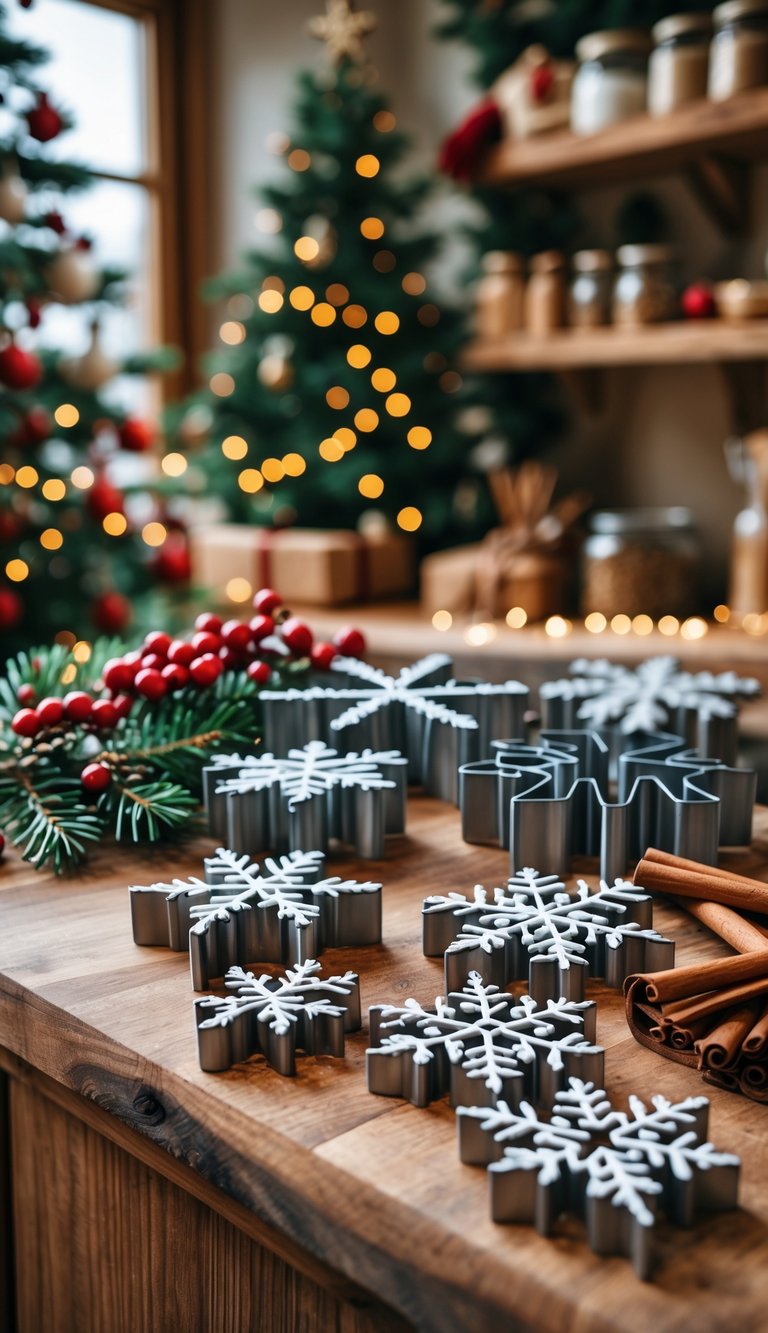 Snowflake-shaped cookie cutters displayed on a kitchen countertop surrounded by Christmas decorations and baking ingredients.