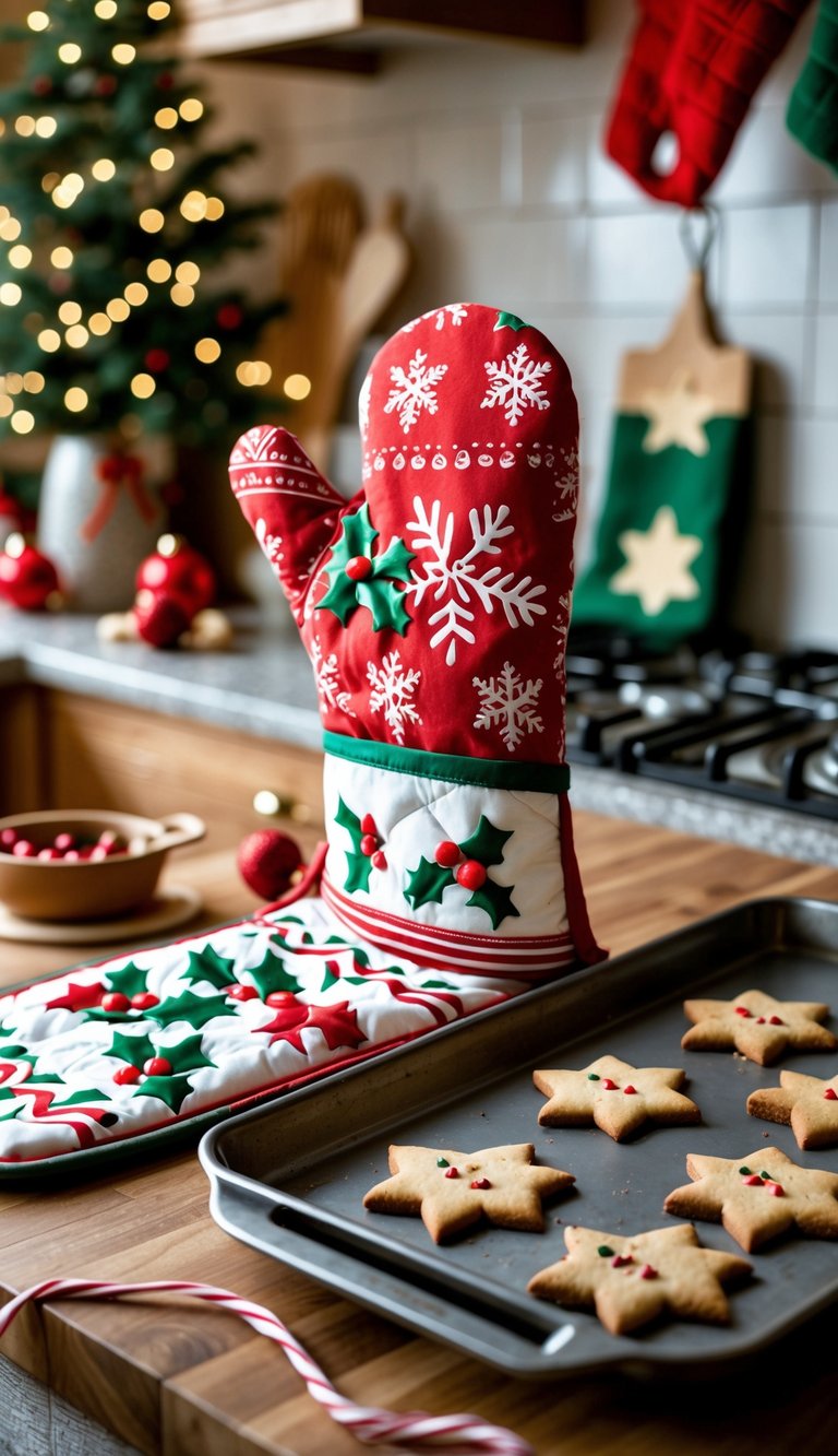 Festive oven mitt and pot holder set on a wooden kitchen countertop with holiday cookies and Christmas decorations in the background.