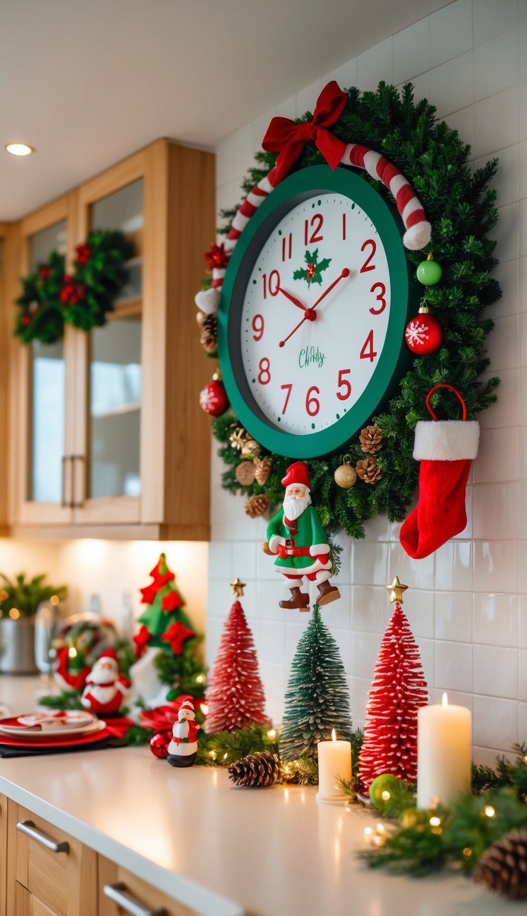 A kitchen decorated for Christmas with a festive clock hanging on the wall and various holiday decorations around the counter.