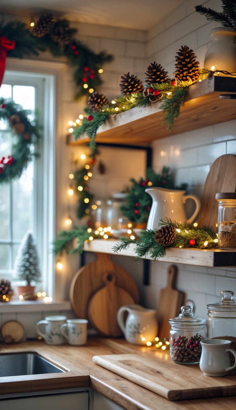 Open kitchen shelves decorated with pinecones, evergreen branches, and holiday accents.