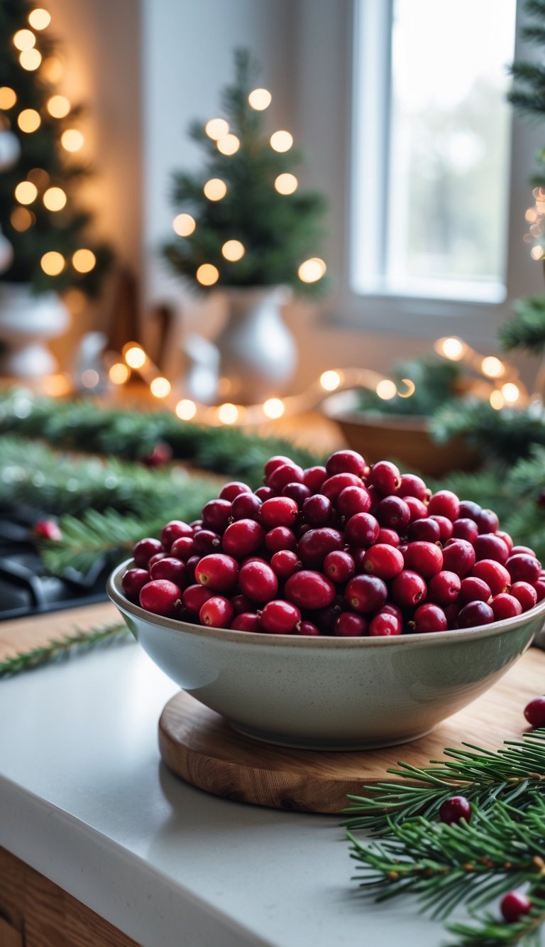 A bowl of fresh cranberries on a kitchen counter with Christmas decorations in the background.
