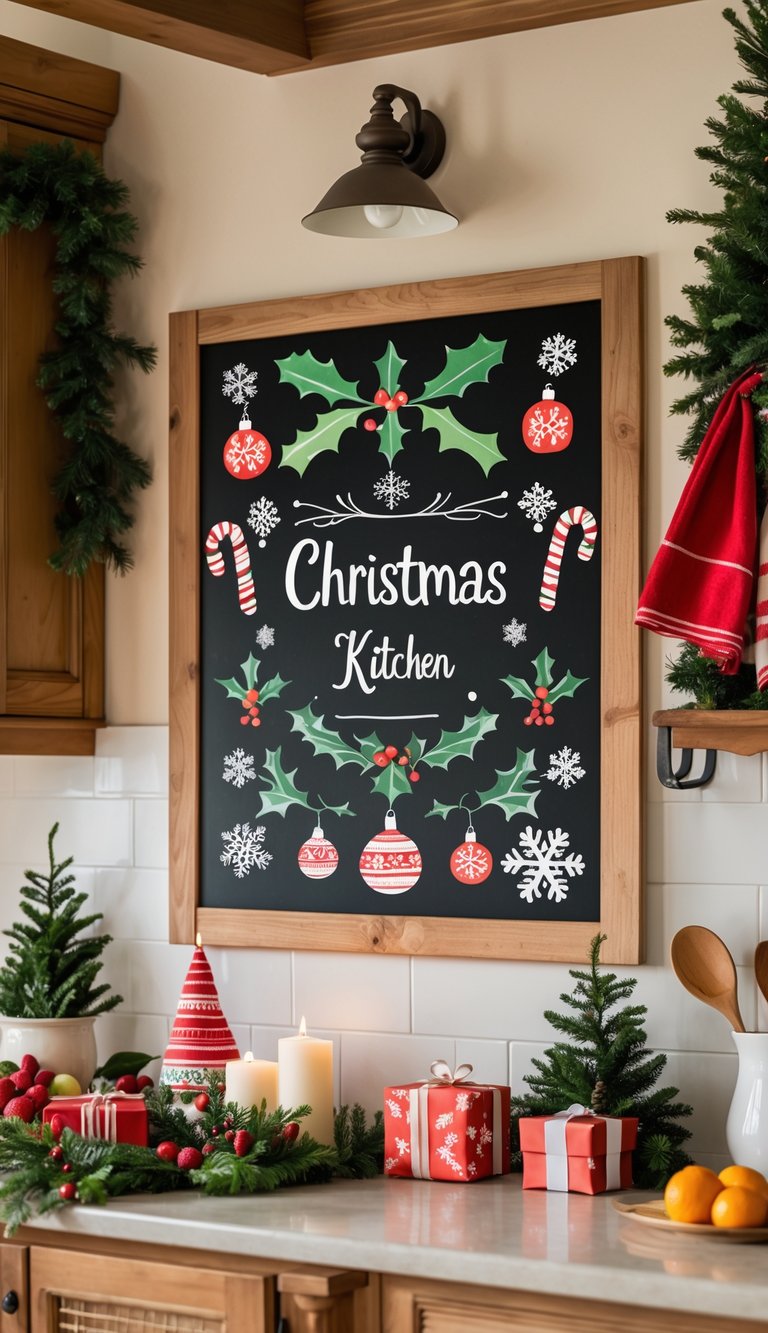A kitchen decorated for Christmas with a holiday-themed chalkboard and festive decorations including garlands, candles, and seasonal fruits.