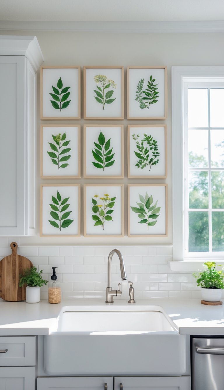 A kitchen sink with a window above it and 17 framed botanical prints arranged on the wall above the sink.