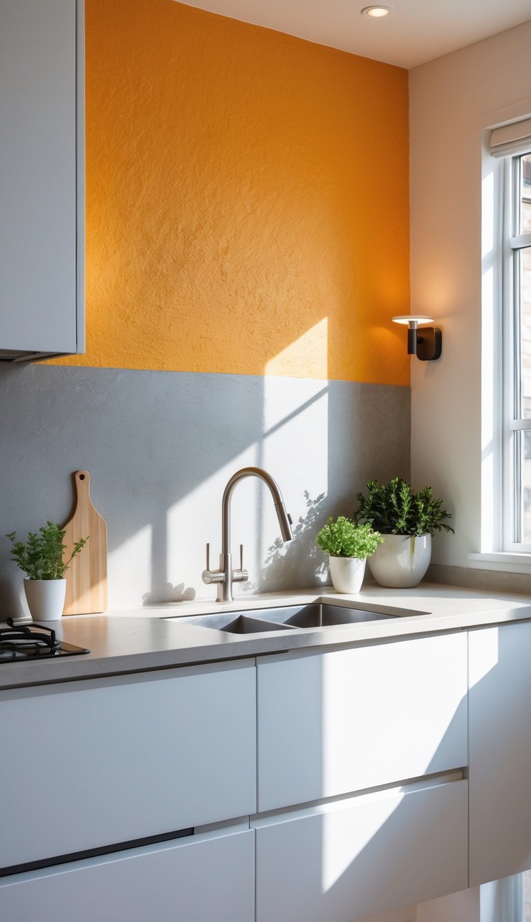 A kitchen sink area with a bold colored accent wall above it, featuring a modern faucet and natural light from a window.
