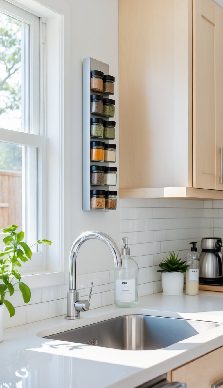 A modern kitchen with a narrow spice rack mounted above a stainless steel sink, holding jars of spices.