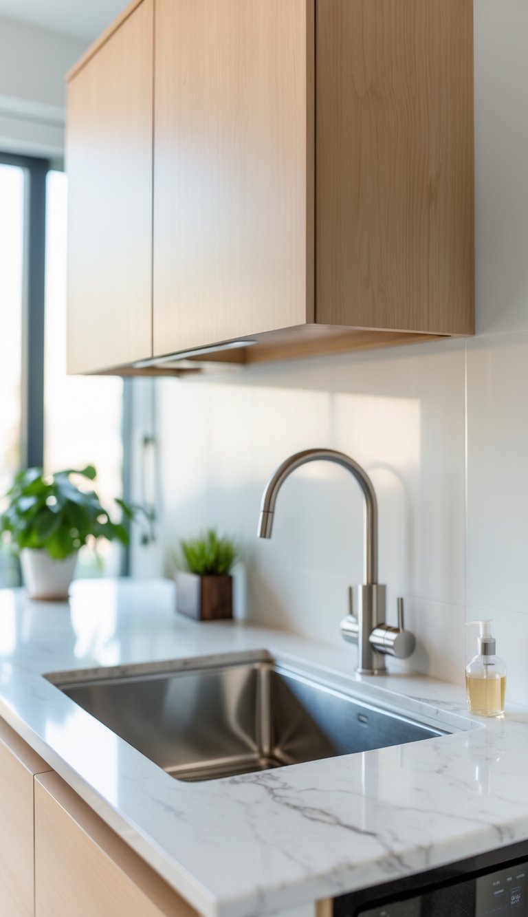 A modern kitchen sink with a small floating cabinet installed above it.