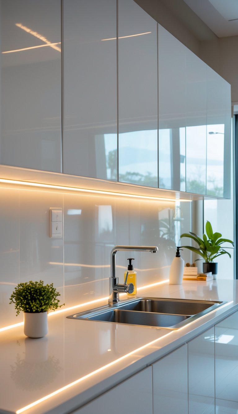 A modern kitchen sink area with white cabinets and warm LED strip lighting under the upper cabinets illuminating the countertop.