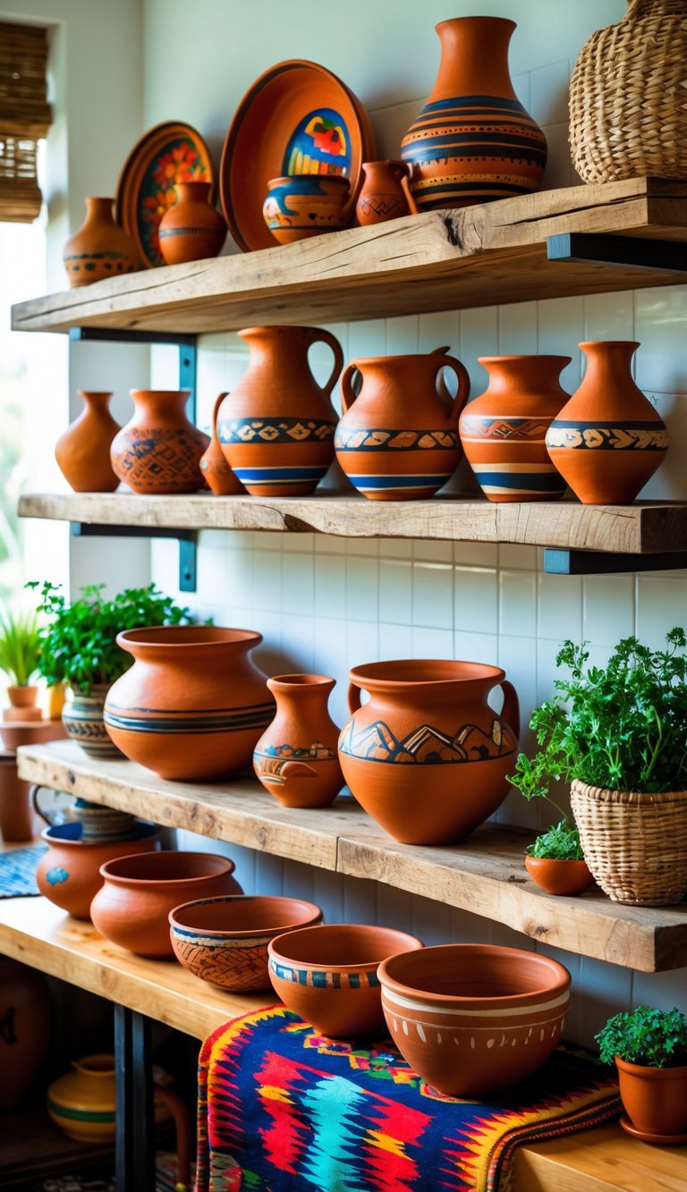 A display of various handcrafted Mexican clay pots and kitchen decor arranged on wooden shelves in a bright kitchen.