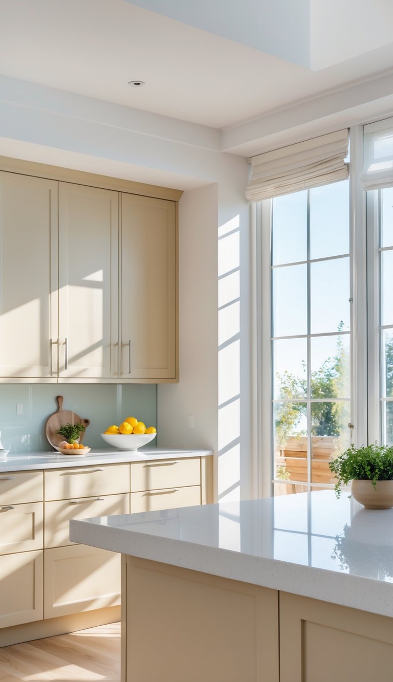 A kitchen with white quartz countertops and beige cabinets, illuminated by natural light.